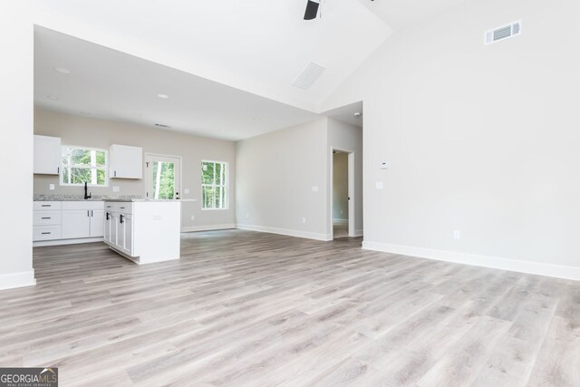 232 Stephens Rd, Cedartown, GA 30125 - unfurnished living room featuring light wood finished floors, ceiling fan, and lofted ceiling