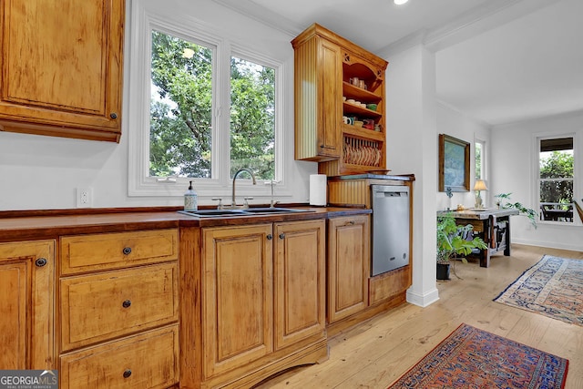 2216 Trammel Rd, Cumming, GA 30041 - kitchen featuring dishwasher, light wood finished floors, open shelves, dark countertops, and ornamental molding