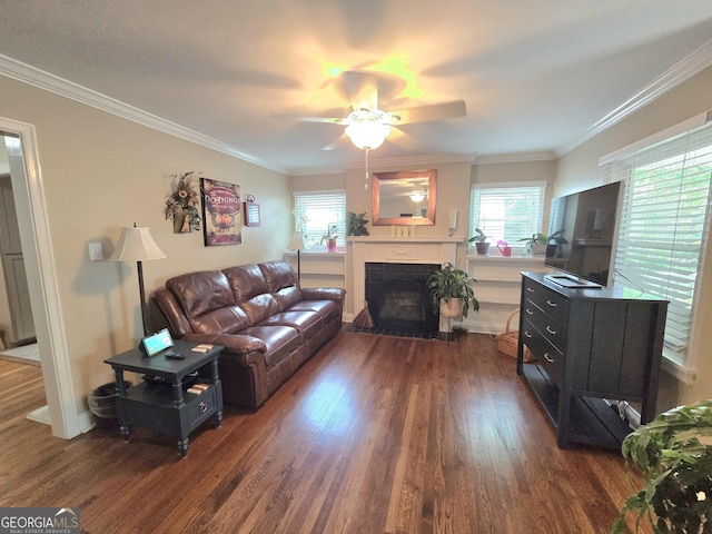 3226 Hope St, Hapeville, GA 30354 - living room with dark wood-style flooring, ceiling fan, healthy amount of natural light, a tile fireplace, and crown molding