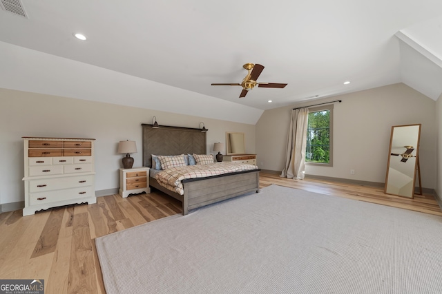 5700 Goolsby Rd, Monticello, GA 31064 - bedroom with light wood-style floors, vaulted ceiling, recessed lighting, ceiling fan, and baseboards