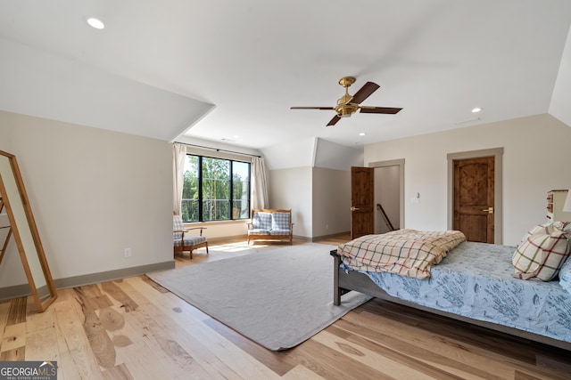 5700 Goolsby Rd, Monticello, GA 31064 - bedroom featuring light wood-style floors, vaulted ceiling, baseboards, recessed lighting, and ceiling fan