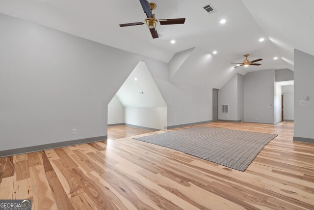 5700 Goolsby Rd, Monticello, GA 31064 - additional living space featuring a ceiling fan, vaulted ceiling, light wood-style flooring, baseboards, and recessed lighting