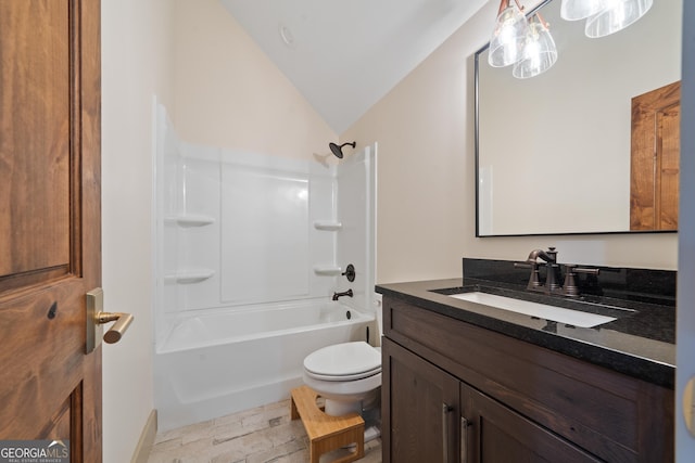 5700 Goolsby Rd, Monticello, GA 31064 - full bathroom with vanity, toilet, lofted ceiling, and shower / bathtub combination