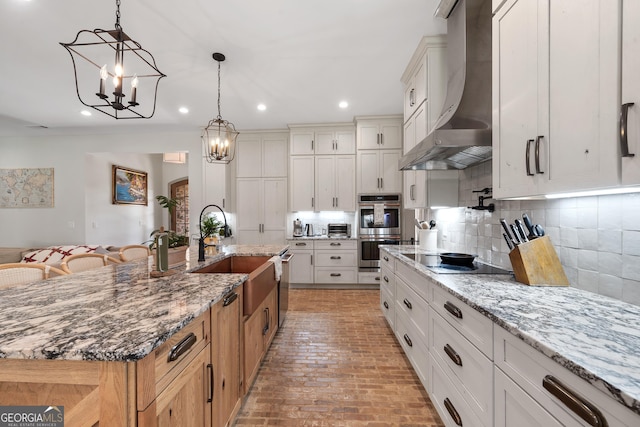 5700 Goolsby Rd, Monticello, GA 31064 - kitchen with wall chimney exhaust hood, black electric cooktop, stainless steel double oven, a sink, and brick flooring