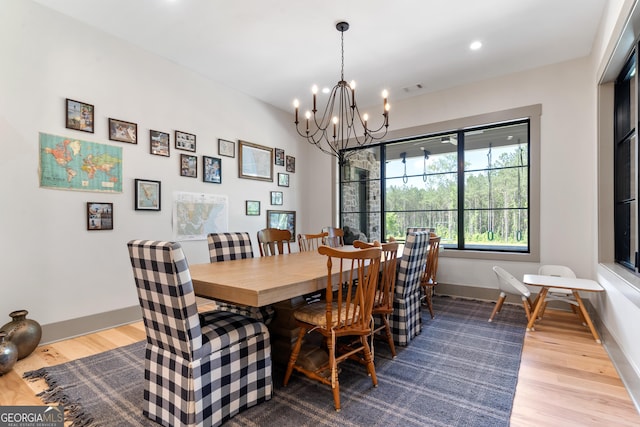 5700 Goolsby Rd, Monticello, GA 31064 - dining room featuring wood finished floors, a chandelier, baseboards, and recessed lighting