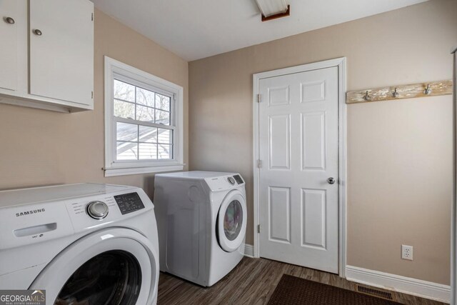380 Best Dr, Athens, GA 30606 - laundry room featuring independent washer and dryer, cabinet space, and dark wood-type flooring