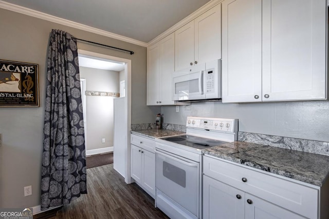 380 Best Dr, Athens, GA 30606 - kitchen featuring white appliances, dark wood-type flooring, crown molding, white cabinetry, and light stone countertops