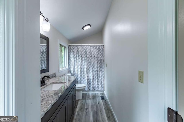 235 Red Bud Ln Unit 5, Hiawassee, GA 30546 - bathroom with vanity, toilet, wood finished floors, lofted ceiling, and curtained shower