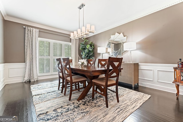 4030 River Ridge Chase Se, Marietta, GA 30067 - dining space with a decorative wall, a chandelier, wood finished floors, a wainscoted wall, and ornamental molding
