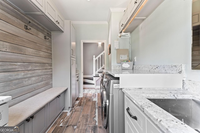 4030 River Ridge Chase Se, Marietta, GA 30067 - washroom featuring ornamental molding, dark wood finished floors, and a sink