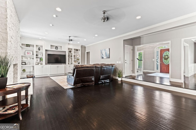 4030 River Ridge Chase Se, Marietta, GA 30067 - living area featuring ceiling fan, wood-type flooring, recessed lighting, crown molding, and built in features