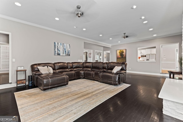 4030 River Ridge Chase Se, Marietta, GA 30067 - living area with a ceiling fan, recessed lighting, crown molding, wood finished floors, and baseboards