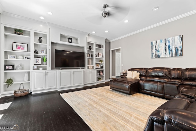 4030 River Ridge Chase Se, Marietta, GA 30067 - living area featuring ornamental molding, recessed lighting, ceiling fan, dark wood-type flooring, and built in shelves