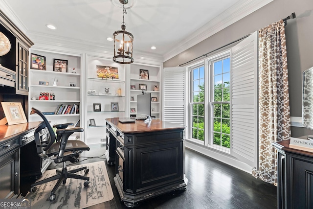 4030 River Ridge Chase Se, Marietta, GA 30067 - office with crown molding, dark wood finished floors, built in shelves, and recessed lighting