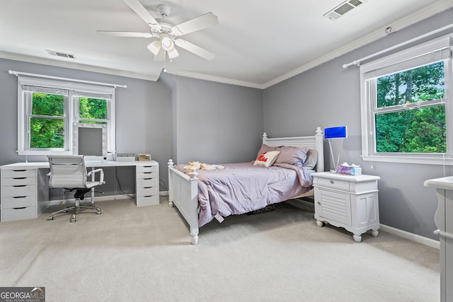 4030 River Ridge Chase Se, Marietta, GA 30067 - bedroom featuring light colored carpet, crown molding, a desk, baseboards, and a ceiling fan