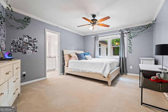 4030 River Ridge Chase Se, Marietta, GA 30067 - bedroom with crown molding, light colored carpet, baseboards, ensuite bath, and a ceiling fan