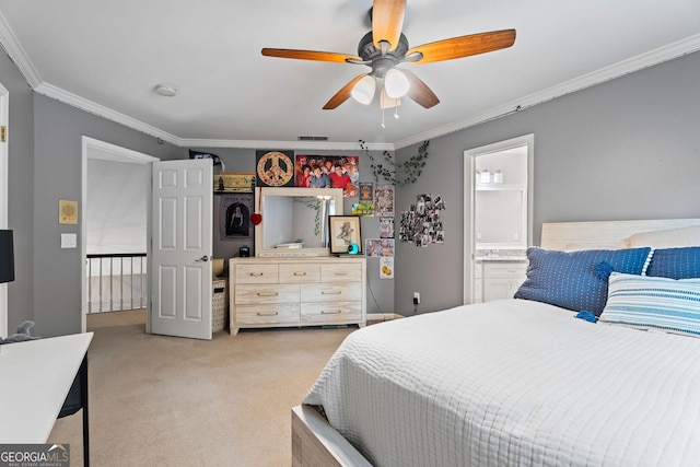 4030 River Ridge Chase Se, Marietta, GA 30067 - bedroom featuring crown molding, light carpet, and a ceiling fan