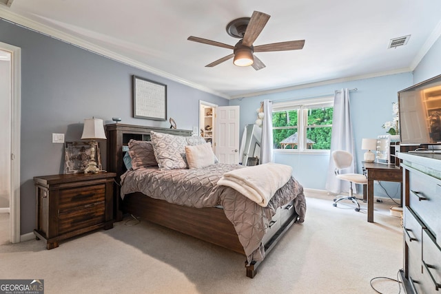 4030 River Ridge Chase Se, Marietta, GA 30067 - bedroom with light carpet, crown molding, ceiling fan, and baseboards
