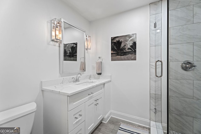 4030 River Ridge Chase Se, Marietta, GA 30067 - full bathroom with toilet, vanity, a stall shower, and baseboards