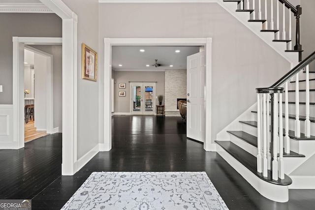 4030 River Ridge Chase Se, Marietta, GA 30067 - foyer featuring wood finished floors, stairs, recessed lighting, ornamental molding, and french doors