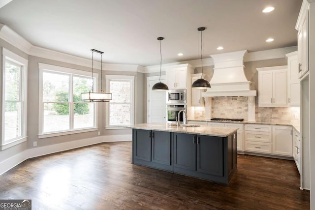 4821 Deer Creek Ct, Flowery Branch, GA 30542 - kitchen featuring stainless steel appliances, premium range hood, white cabinetry, dark wood-type flooring, and ornamental molding