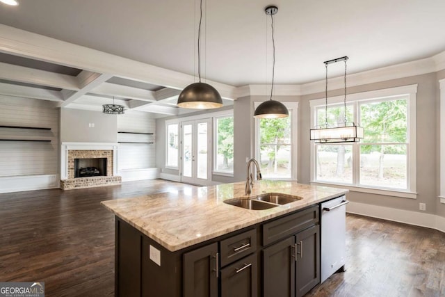 4821 Deer Creek Ct, Flowery Branch, GA 30542 - kitchen featuring stainless steel dishwasher, dark brown cabinetry, dark wood-type flooring, decorative light fixtures, and coffered ceiling