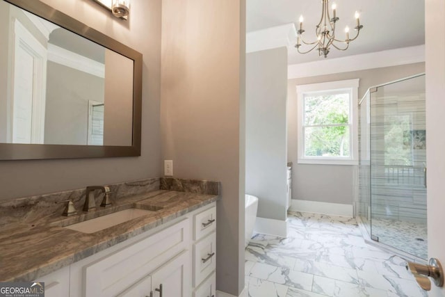 4821 Deer Creek Ct, Flowery Branch, GA 30542 - bathroom featuring marble finish floors, a stall shower, vanity, a soaking tub, and a chandelier