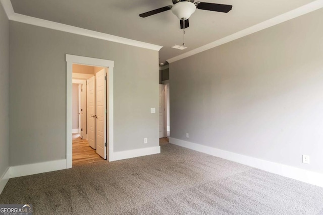 4821 Deer Creek Ct, Flowery Branch, GA 30542 - unfurnished bedroom with carpet floors, a ceiling fan, and ornamental molding