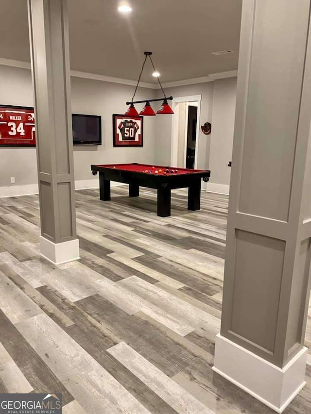 4821 Deer Creek Ct, Flowery Branch, GA 30542 - recreation room with crown molding, pool table, wood finished floors, and recessed lighting