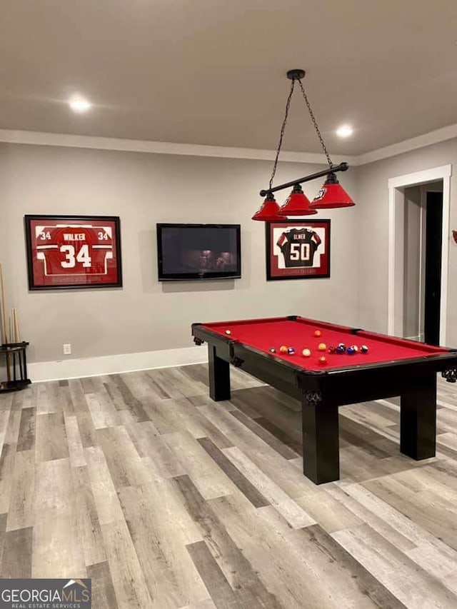 4821 Deer Creek Ct, Flowery Branch, GA 30542 - recreation room featuring pool table, wood finished floors, recessed lighting, and ornamental molding
