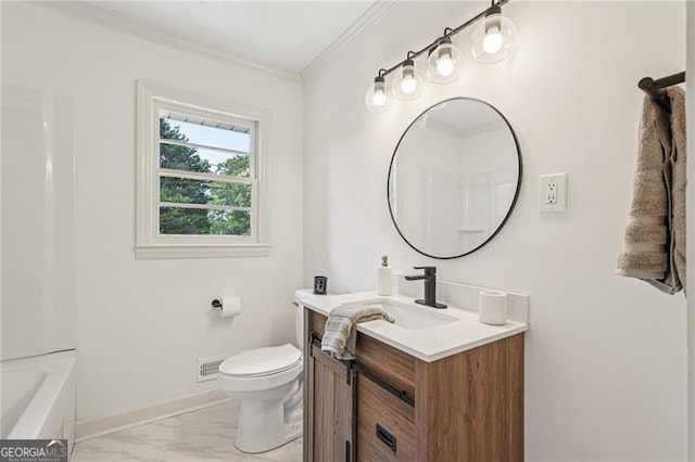 3422 Maplehurst Dr, Decatur, GA 30032 - full bathroom featuring vanity, marble finish floors, ornamental molding, toilet, and baseboards