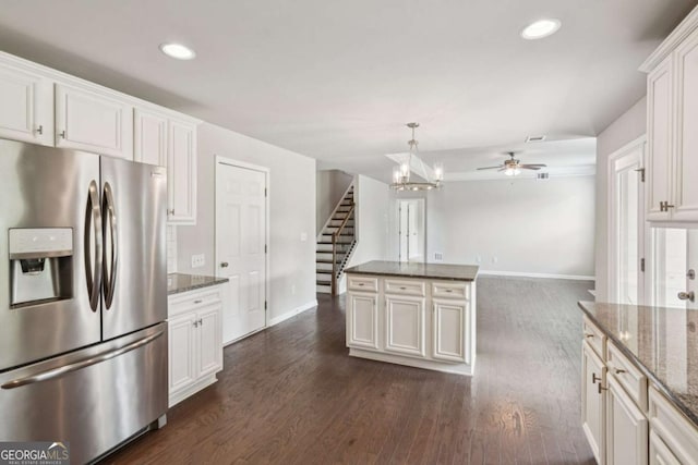 4650 Orchard View Way, Cumming, GA 30028 - kitchen featuring stainless steel fridge, recessed lighting, white cabinetry, ceiling fan, and dark wood-style flooring