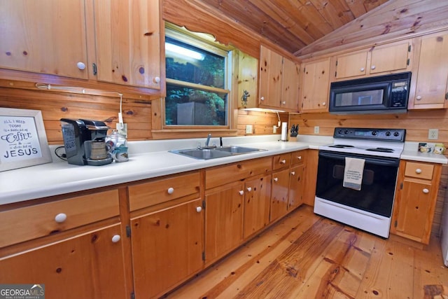 58 Hatchet Trl, Cherry Log, GA 30522 - kitchen featuring black microwave, range with electric stovetop, a sink, vaulted ceiling, and light wood-type flooring