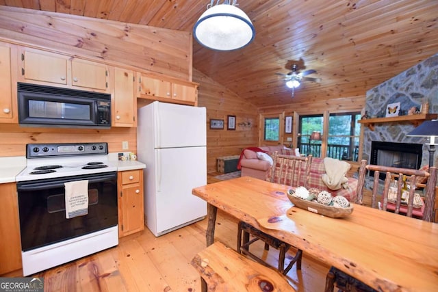 58 Hatchet Trl, Cherry Log, GA 30522 - kitchen with white appliances, vaulted ceiling, light wood-type flooring, wood ceiling, and light countertops