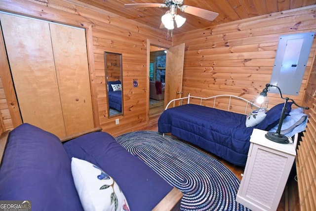 58 Hatchet Trl, Cherry Log, GA 30522 - bedroom with electric panel, wood walls, and a ceiling fan