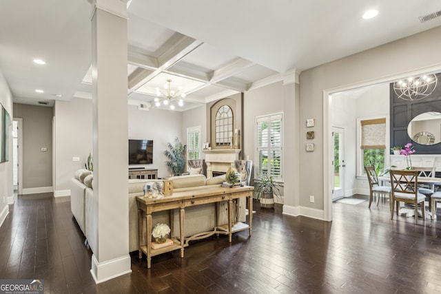 2579 Lulworth Ln, Marietta, GA 30062 - living area featuring a chandelier, baseboards, dark wood-type flooring, beam ceiling, and recessed lighting