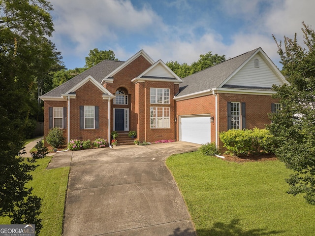 158 Sugarloaf Cir, Macon, GA 31204 - traditional home with brick siding, concrete driveway, a front lawn, an attached garage, and roof with shingles