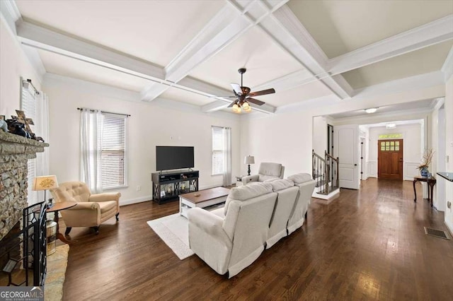 622 Rocky Creek Pt, Woodstock, GA 30188 - living room featuring healthy amount of natural light, dark wood-style flooring, coffered ceiling, stairs, and beamed ceiling