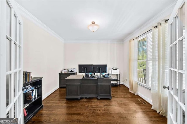 622 Rocky Creek Pt, Woodstock, GA 30188 - office area featuring crown molding, french doors, dark wood-style flooring, and baseboards