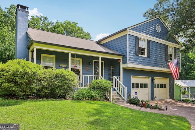9725 Kings Rd, Gainesville, GA 30506 - split level home with a porch, a front yard, a garage, concrete driveway, and a chimney