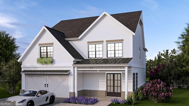 216 Lask Ln, Milton, GA 30004 - modern farmhouse style home featuring a garage, brick siding, roof with shingles, a standing seam roof, and metal roof