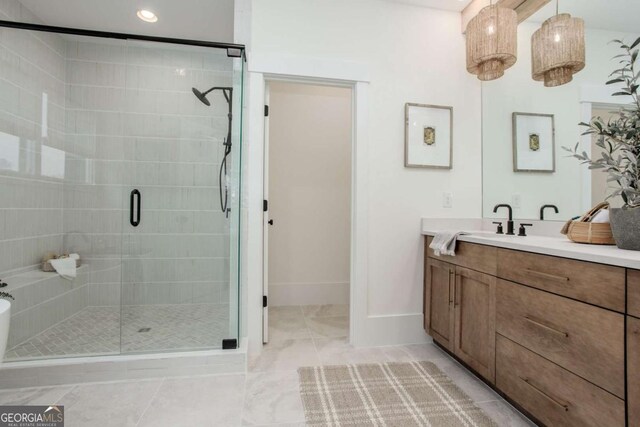 1168 Mado Loop, Chattahoochee Hills, GA 30268 - bathroom with vanity, a stall shower, and baseboards