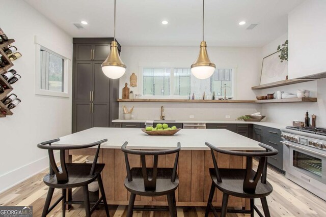 1168 Mado Loop, Chattahoochee Hills, GA 30268 - kitchen featuring double oven range, open shelves, light countertops, light wood-style floors, and a kitchen bar
