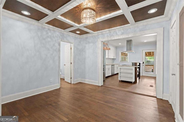 1686 Alvarado Ter SW, Atlanta, GA 30310 - unfurnished living room featuring coffered ceiling, ornamental molding, dark wood-style flooring, a chandelier, and beam ceiling
