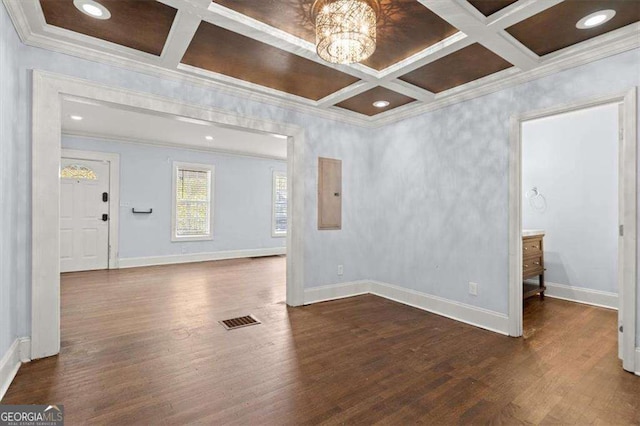 1686 Alvarado Ter SW, Atlanta, GA 30310 - unfurnished room with coffered ceiling, ornamental molding, wood finished floors, a chandelier, and beam ceiling