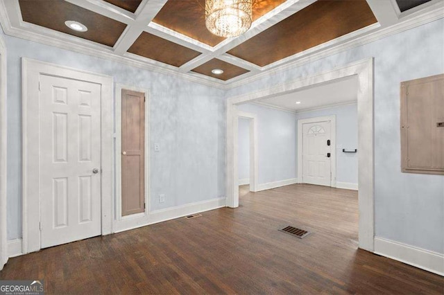 1686 Alvarado Ter SW, Atlanta, GA 30310 - unfurnished room featuring coffered ceiling, crown molding, wood finished floors, a chandelier, and electric panel