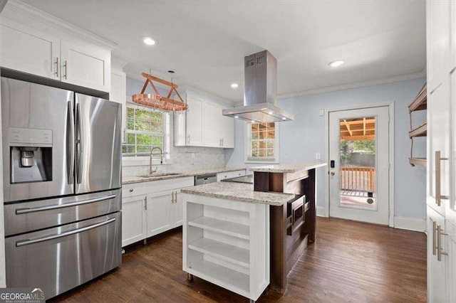 1686 Alvarado Ter SW, Atlanta, GA 30310 - kitchen with appliances with stainless steel finishes, island range hood, open shelves, white cabinetry, and tasteful backsplash