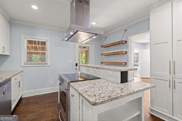 1686 Alvarado Ter SW, Atlanta, GA 30310 - kitchen with island range hood, open shelves, appliances with stainless steel finishes, a kitchen island, and crown molding