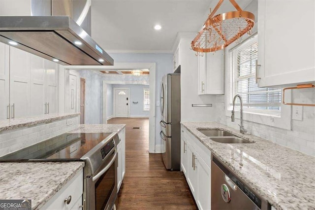 1686 Alvarado Ter SW, Atlanta, GA 30310 - kitchen featuring wall chimney range hood, appliances with stainless steel finishes, white cabinetry, tasteful backsplash, and dark wood-style flooring