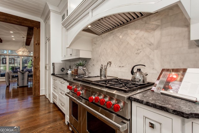 3084 Watsons Bnd, Milton, GA 30004 - kitchen featuring range with two ovens, decorative backsplash, white cabinets, and dark wood-style floors